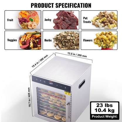 SS-10H - 10-Tray Stainless Steel Food Dehydrator with Adjustable Timer