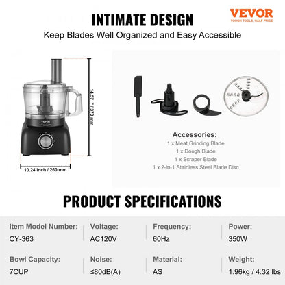 CY-363 - 7-Cup VEVOR Food Processor with 600W Motor and Versatile Blades