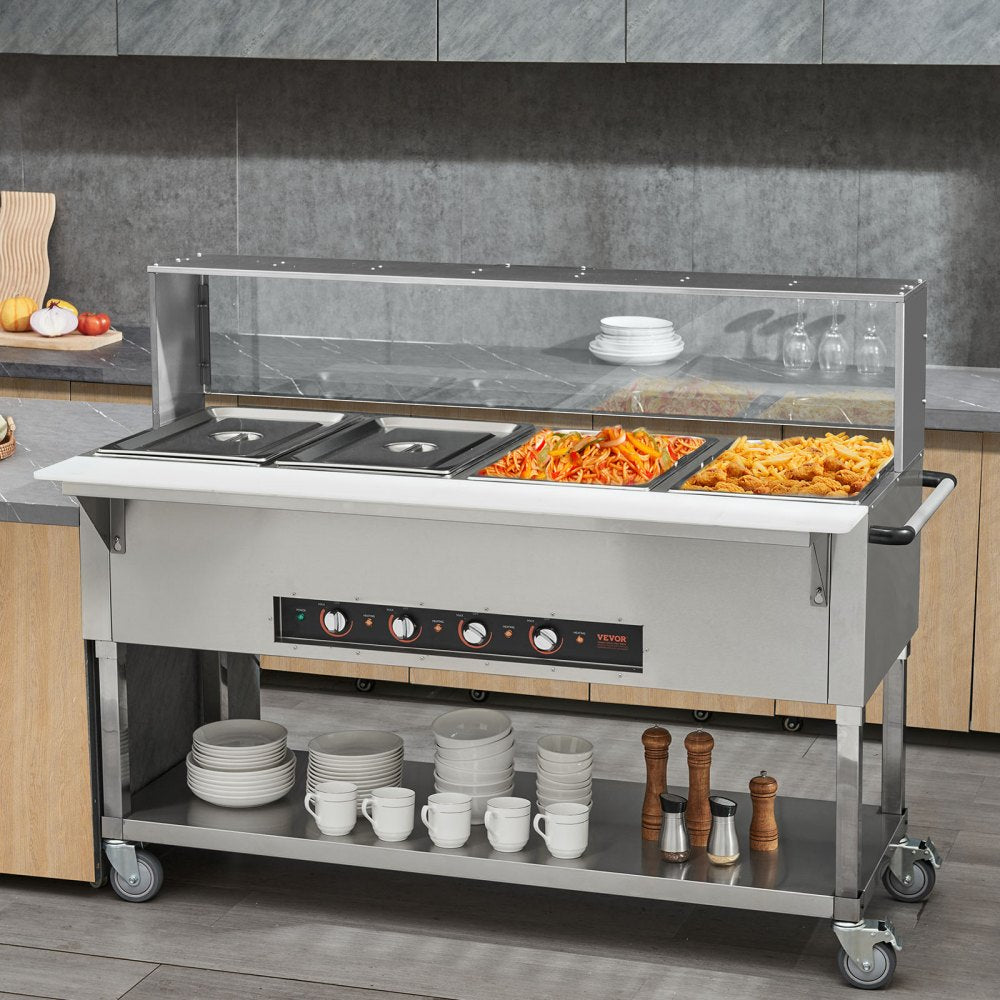 MDC-4C - 4-Pan 2000W Stainless Steel Food Warmer with Sneeze Guard