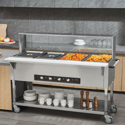 MDC-4C - 4-Pan 2000W Stainless Steel Food Warmer with Sneeze Guard