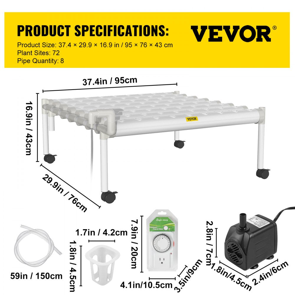 VV1-72W Hydroponic System - 8 Pipes, 72 Sites, 31" Each