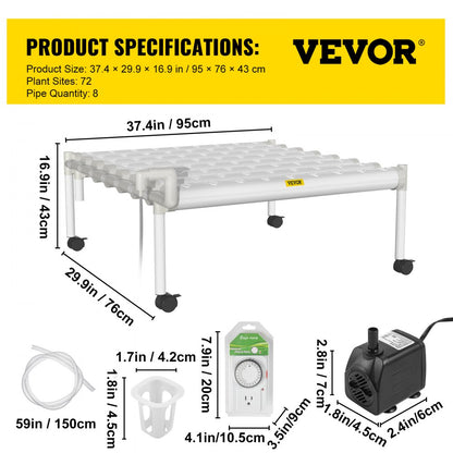 VV1-72W Hydroponic System - 8 Pipes, 72 Sites, 31" Each