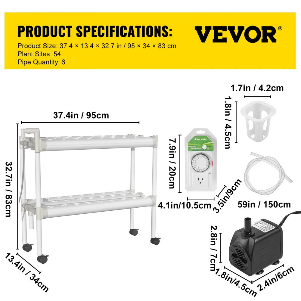 VVGrey2-54 - 54-Site Hydroponics System with 6 Pipes for Vegetables & Herbs