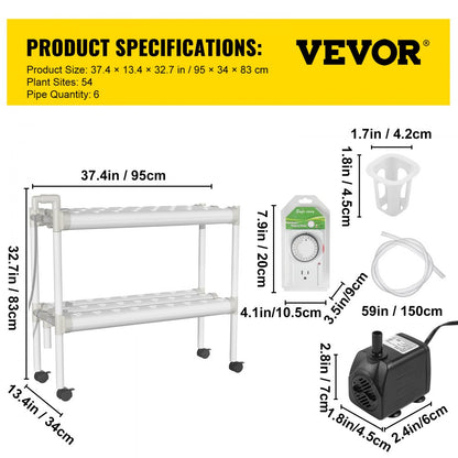VVGrey2-54 - 54-Site Hydroponics System with 6 Pipes for Vegetables & Herbs