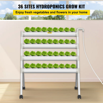 VVGrey4-36 - 36-Site Hydroponic System with 4 PVC Pipes, Timer & Pump
