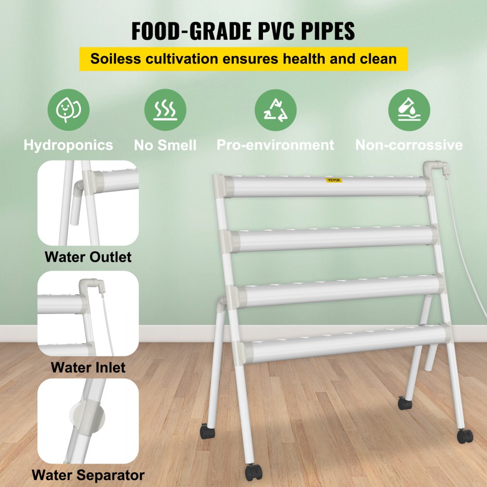 VVGrey4-36 - 36-Site Hydroponic System with 4 PVC Pipes, Timer & Pump