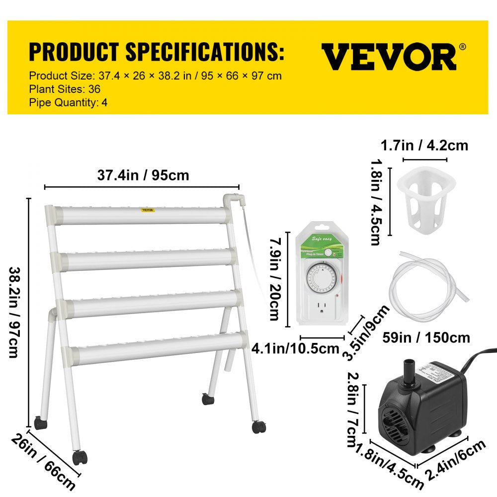 VVGrey4-36 - 36-Site Hydroponic System with 4 PVC Pipes, Timer & Pump
