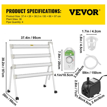 VVGrey4-36 - 36-Site Hydroponic System with 4 PVC Pipes, Timer & Pump