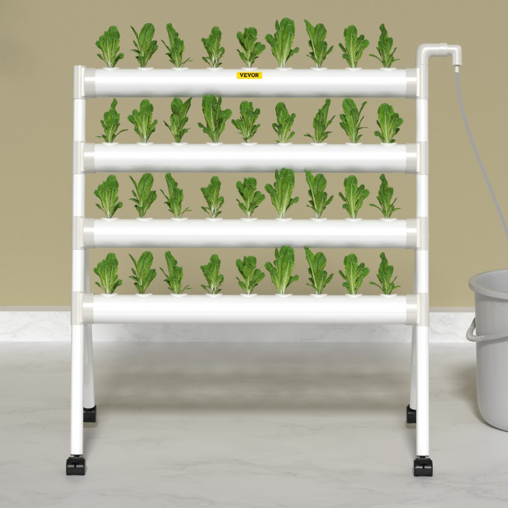 VVGrey4-36 - 36-Site Hydroponic System with 4 PVC Pipes, Timer & Pump