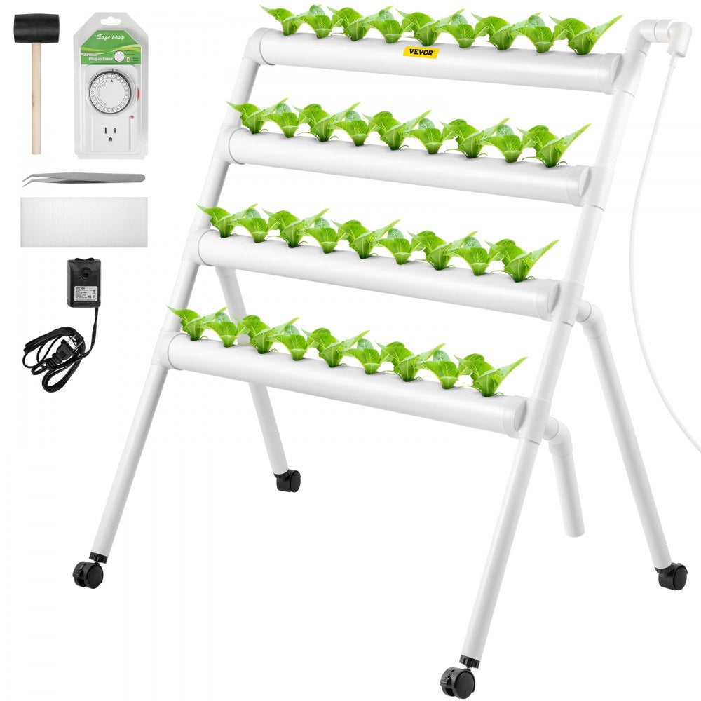 VVGrey4-36 - 36-Site Hydroponic System with 4 PVC Pipes, Timer & Pump