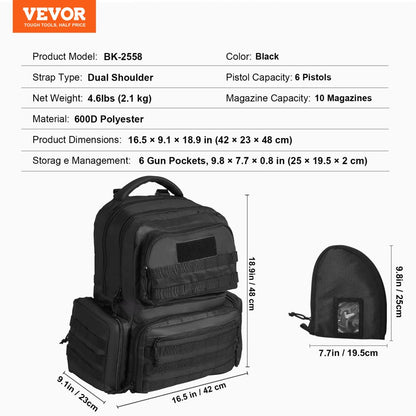 BK-2558 - VEVOR Tactical Backpack for 6 Handguns & 10 Magazines