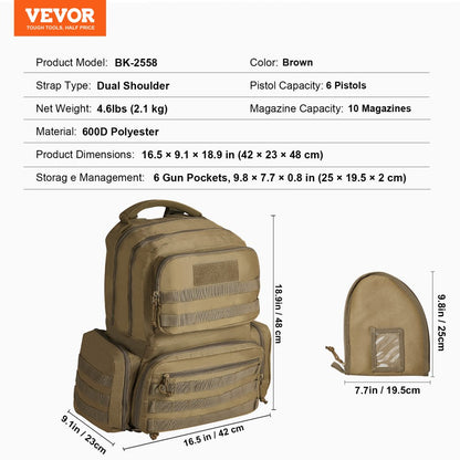 BK-2558 - VEVOR 6-Pistol Tactical Backpack with Waterproof Design