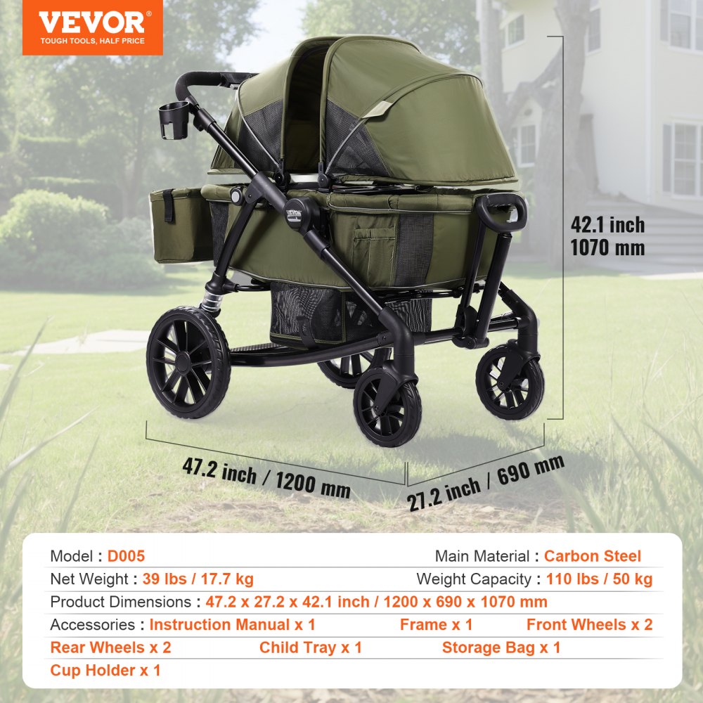 D005 - Compact All-Terrain Stroller Wagon for Twins, 55 lbs Capacity