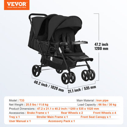 T33 - Lightweight Double Stroller with Safety Belt for All Terrains