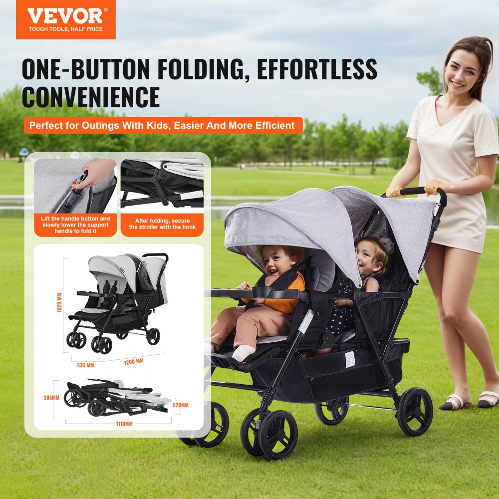 T33 - Portable Lightweight Double Stroller with Comfortable Seats