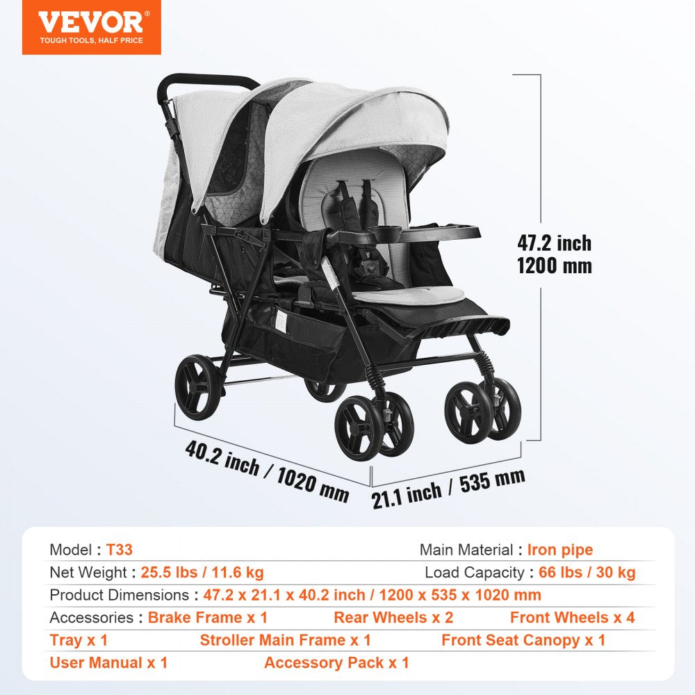 T33 - Portable Lightweight Double Stroller with Comfortable Seats
