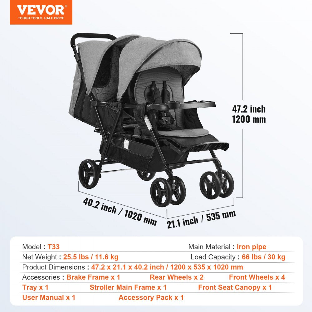 T33 - Lightweight Double Stroller with Safety Belt and Easy Storage