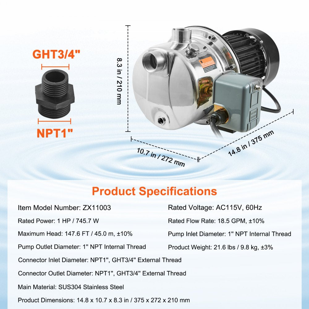 ZX11003 - High-Efficiency 1HP Stainless Steel Jet Pump, 18.5 GPM Flow