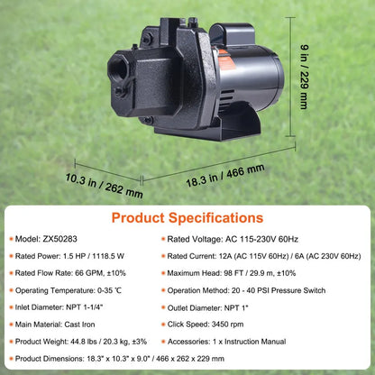 ZX50283 - 1.5 HP Cast Iron Pump for Efficient Water Management