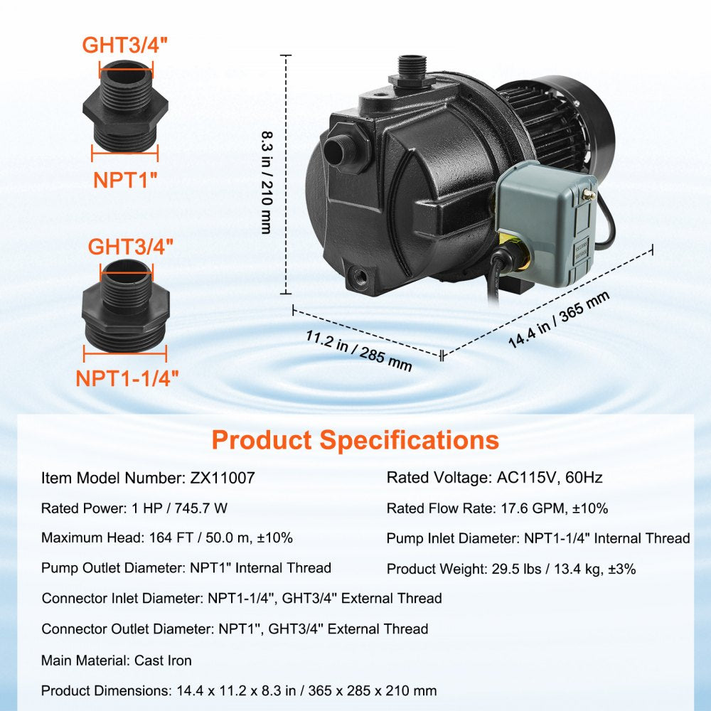 ZX11007 - 1HP Cast Iron Jet Pump, 17.6 GPM for Irrigation Tasks