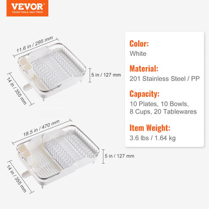 WK810171-3 - Expandable 18.5" VEVOR Stainless Steel Dish Rack with Rotatable Drainboard