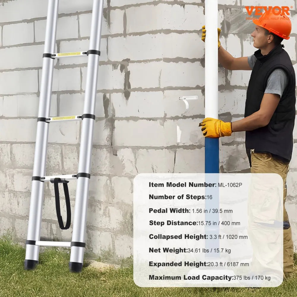 ML-1062P - 20.3FT Aluminum Telescoping Ladder with Non-Slip Support