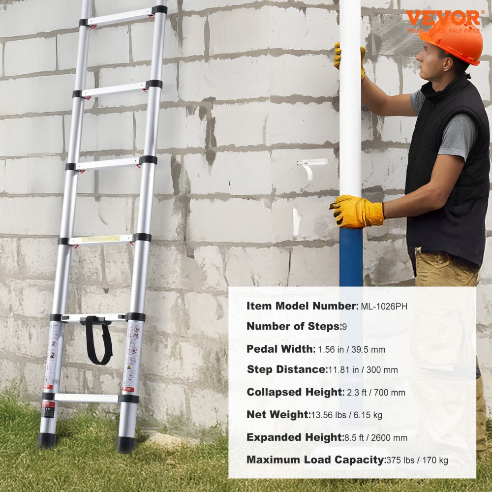 ML-1026PH - 8.5FT Aluminum Telescoping Ladder, 375 LBS Capacity, Non-Slip Tips