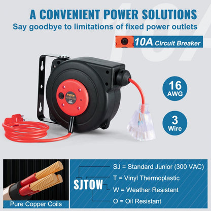 ZX-ZD70 - 30FT Retractable Extension Cord Reel with 10A Breaker