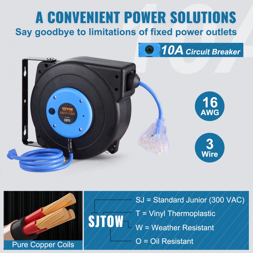 ZX-ZD70 - Durable 30FT Retractable Extension Cord Reel with 10A Breaker