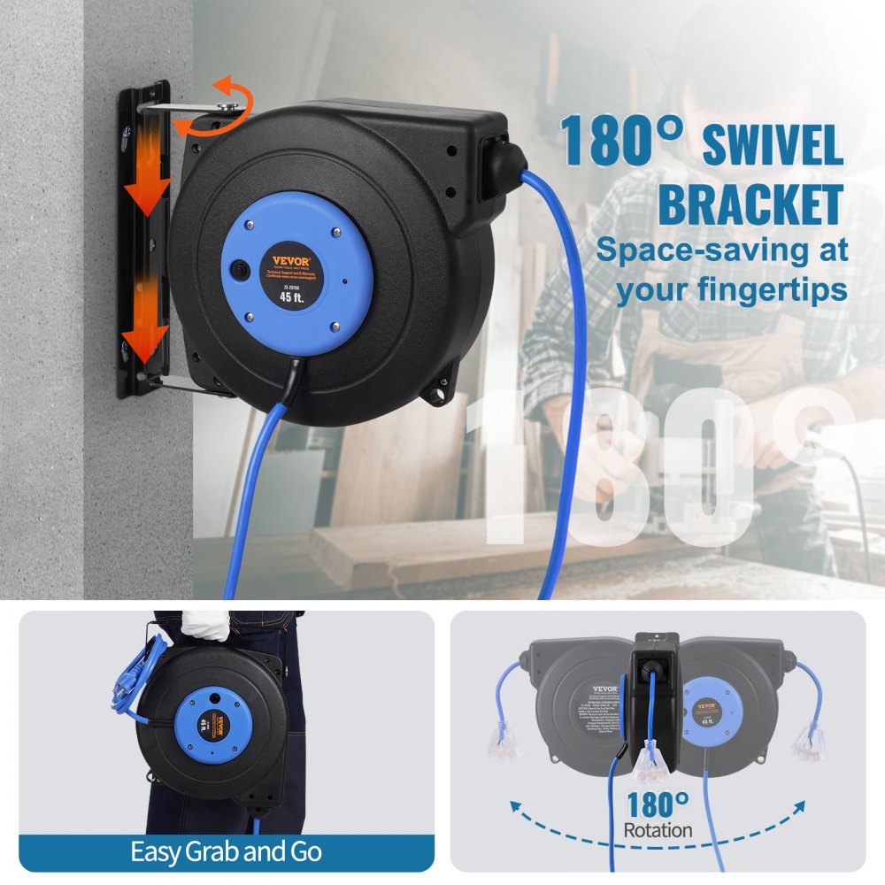 ZX-ZD150 - 45FT Retractable Cord Reel with 15A Circuit Breaker