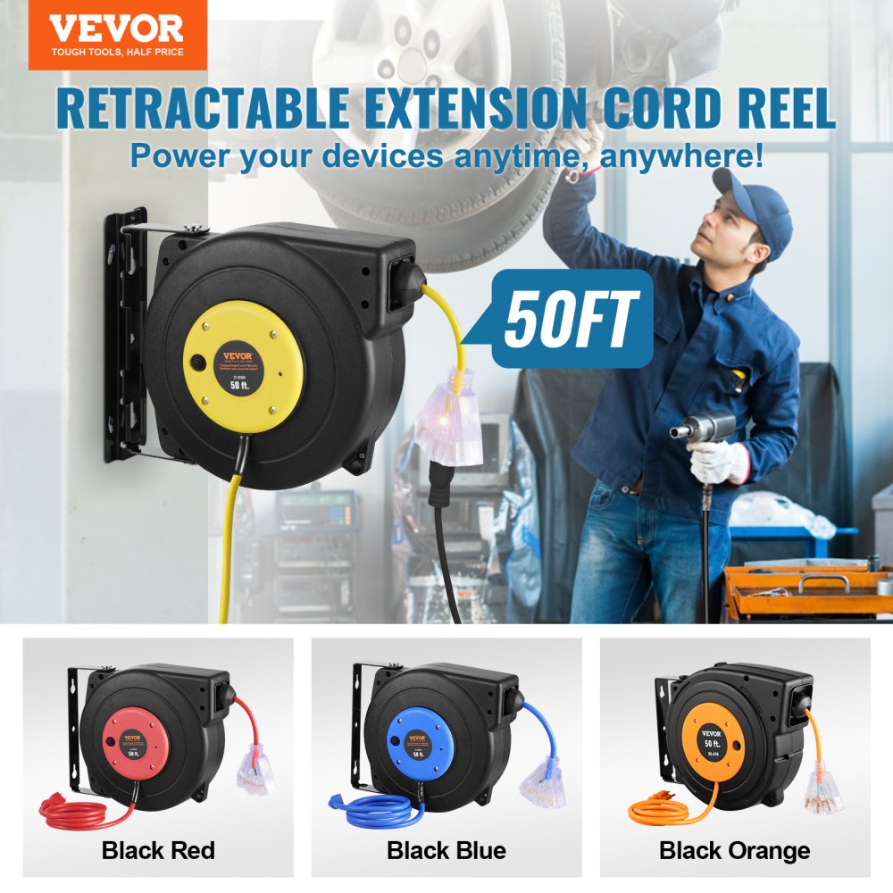 ZX-ZD150 - 50FT Retractable Extension Cord Reel with 13A Circuit Breaker