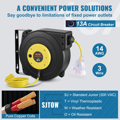 ZX-ZD150 - 50FT Retractable Extension Cord Reel with 13A Circuit Breaker