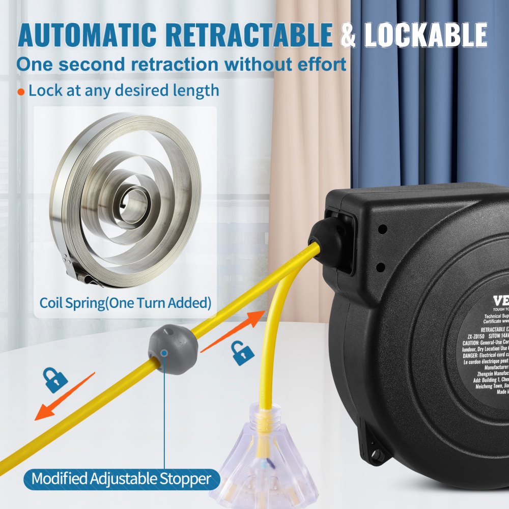 ZX-ZD150 - 50FT Retractable Extension Cord Reel with 13A Circuit Breaker