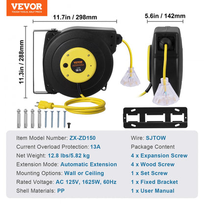 ZX-ZD150 - 50FT Retractable Extension Cord Reel with 13A Circuit Breaker