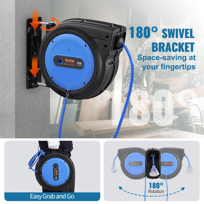 ZX-ZD200 - 75FT Retractable Extension Cord Reel with Circuit Breaker