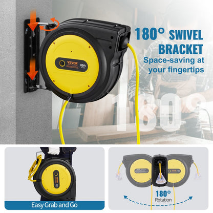 ZX-ZD200 - 80FT Retractable Extension Cord Reel with 15A Breaker