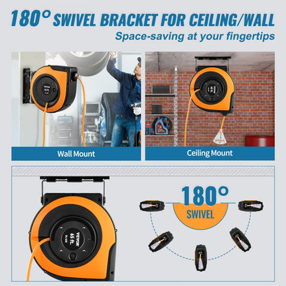 CR123OW65FT - 65FT VEVOR Retractable Cord Reel with 15A Breaker