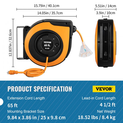 CR123OW65FT - 65FT VEVOR Retractable Cord Reel with 15A Breaker