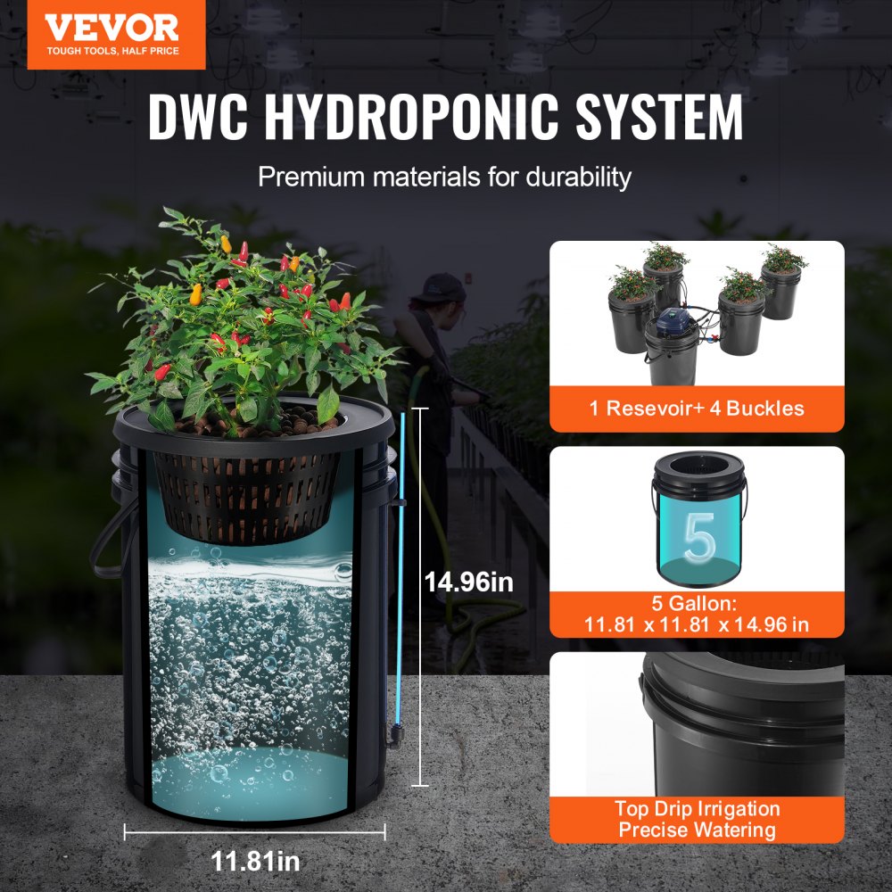 EHW0104C-DR - 4-Bucket RDWC Hydroponic System with Drip Irrigation, 5 Gal