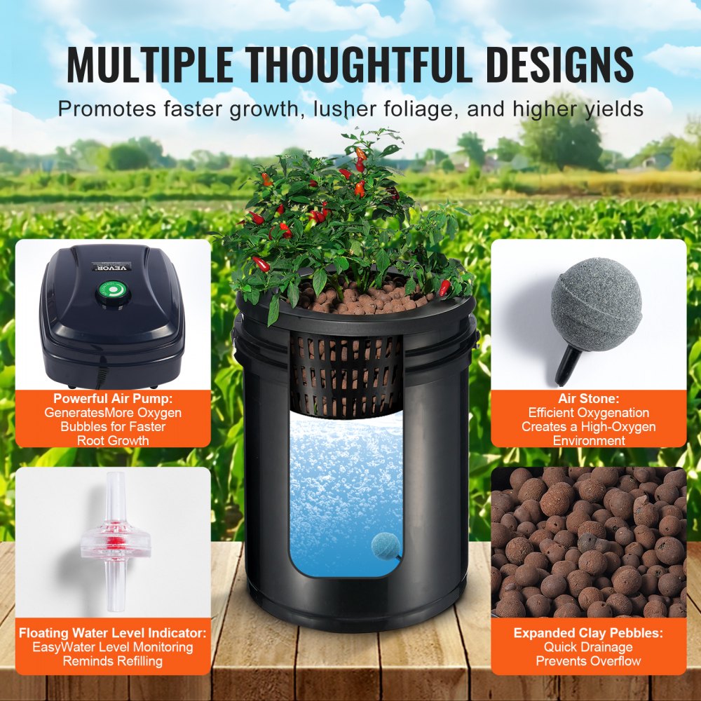 EHW0104C-DR - 4-Bucket RDWC Hydroponic System with Drip Irrigation, 5 Gal