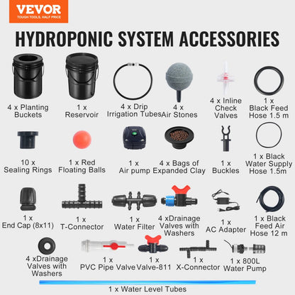 EHW0104C-DR - 4-Bucket RDWC Hydroponic System with Drip Irrigation, 5 Gal
