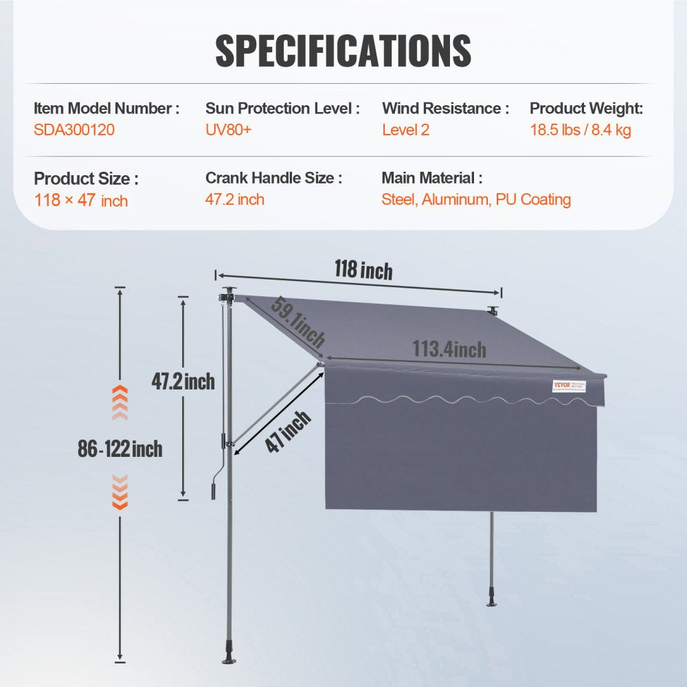 SDA300120 - 118" VEVOR Manual Retractable Awning with UV80+ Protection