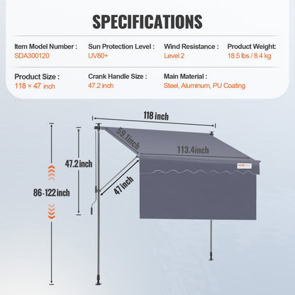 SDA300120 - 118" VEVOR Manual Retractable Awning with UV80+ Protection