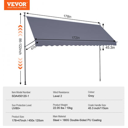 SDA450120-1 - UV84+ Waterproof Retractable Awning with Adjustable Height