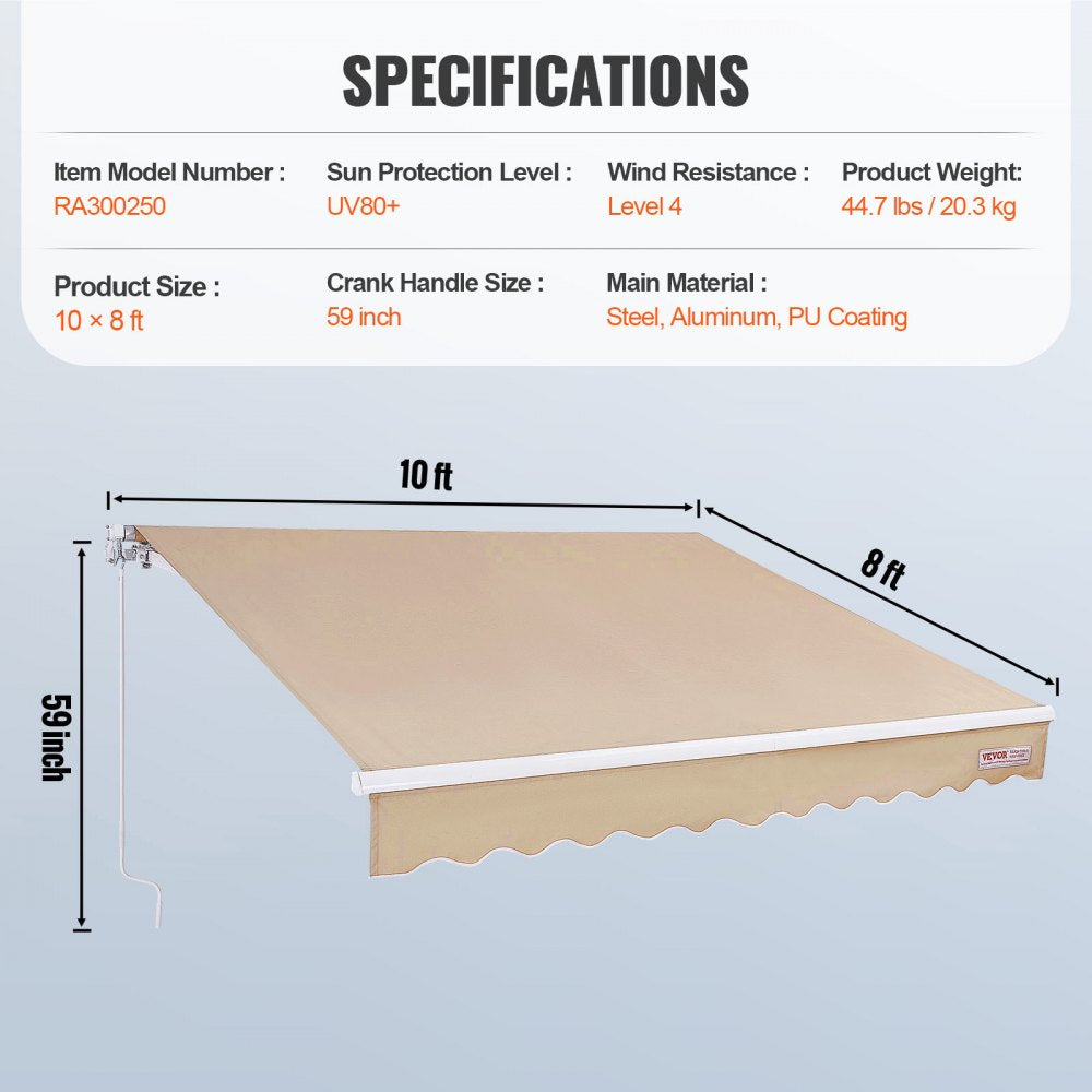 RA300250 - 10x8 ft Waterproof Retractable Awning with UV Protection