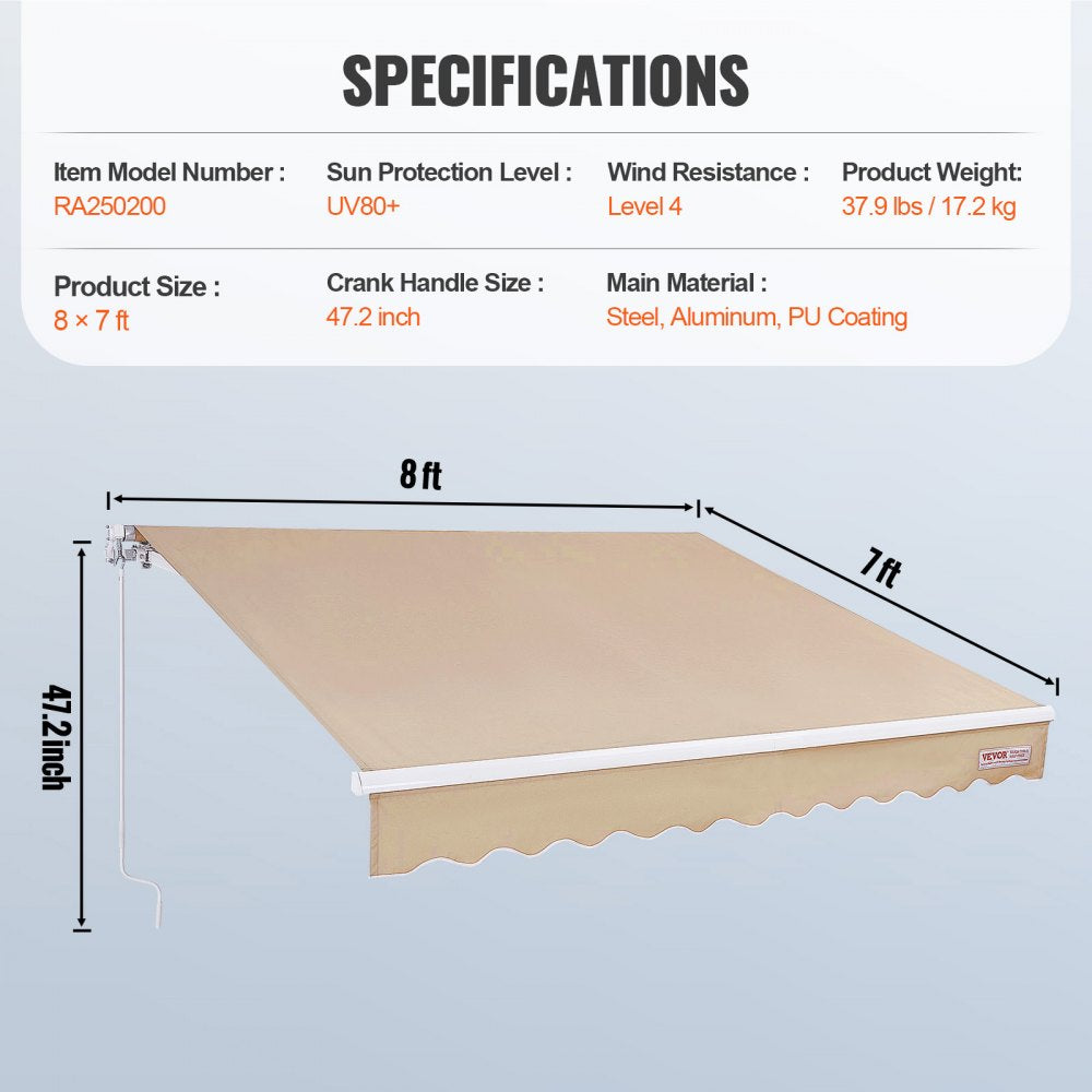 RA250200 - 8x7 ft Manual Awning with UV Protection & Easy Crank