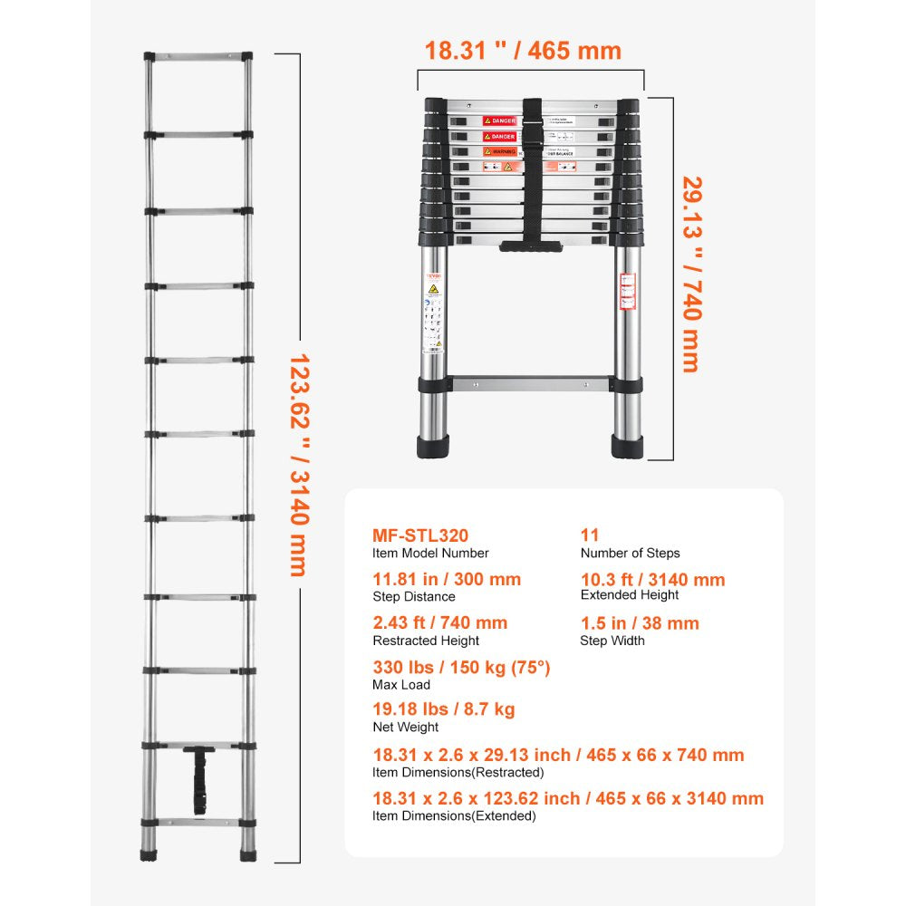 MF-STL320 - 10.5ft Stainless Steel Telescoping Ladder with 330 lbs Capacity