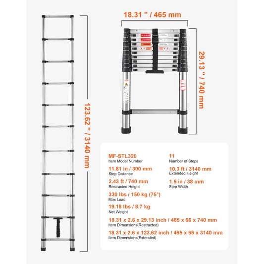 MF-STL320 - 10.5ft Stainless Steel Telescoping Ladder with 330 lbs Capacity