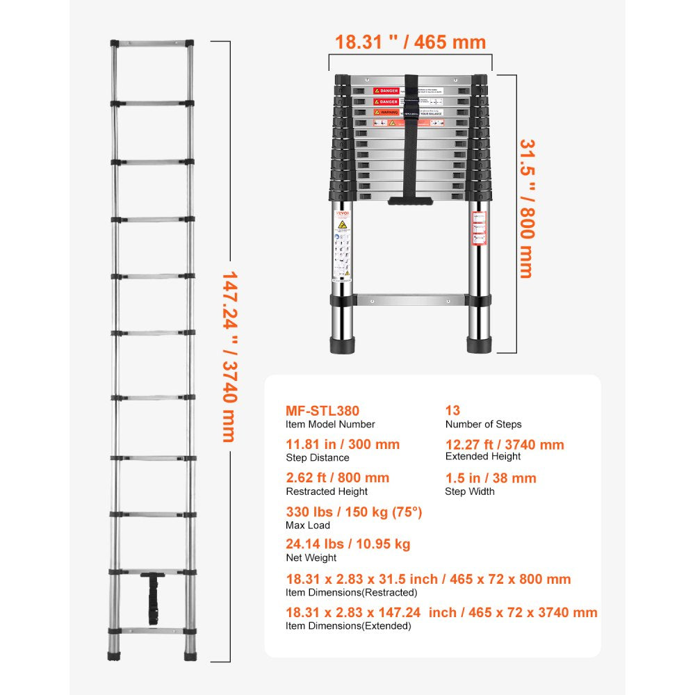 MF-STL380 - 12.5 ft Durable Steel Telescoping Ladder with Comfort Steps