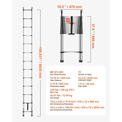 MF-STL500 - 16.5ft Portable Steel Telescoping Ladder, 330 lbs Capacity